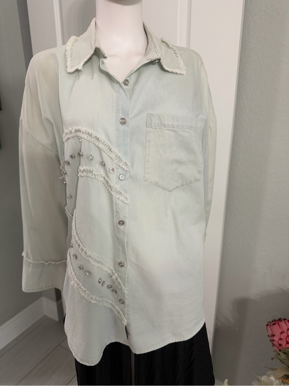 Milano light blue denim Button-Down Shirt with Studded Fringe XL